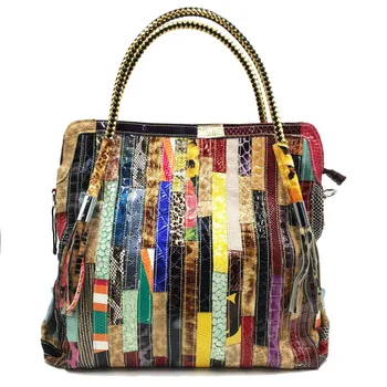 Luxury Serpentine Striped Brand Design Patent Leather Women Handbag Colorful Patchwork Natural Cow Leather Tassel Women Totes Luxury Serpentine Striped Brand Design Patent Leather Women Handbag Colorful Patchwork Natural Cow Leather Tassel Women Totes