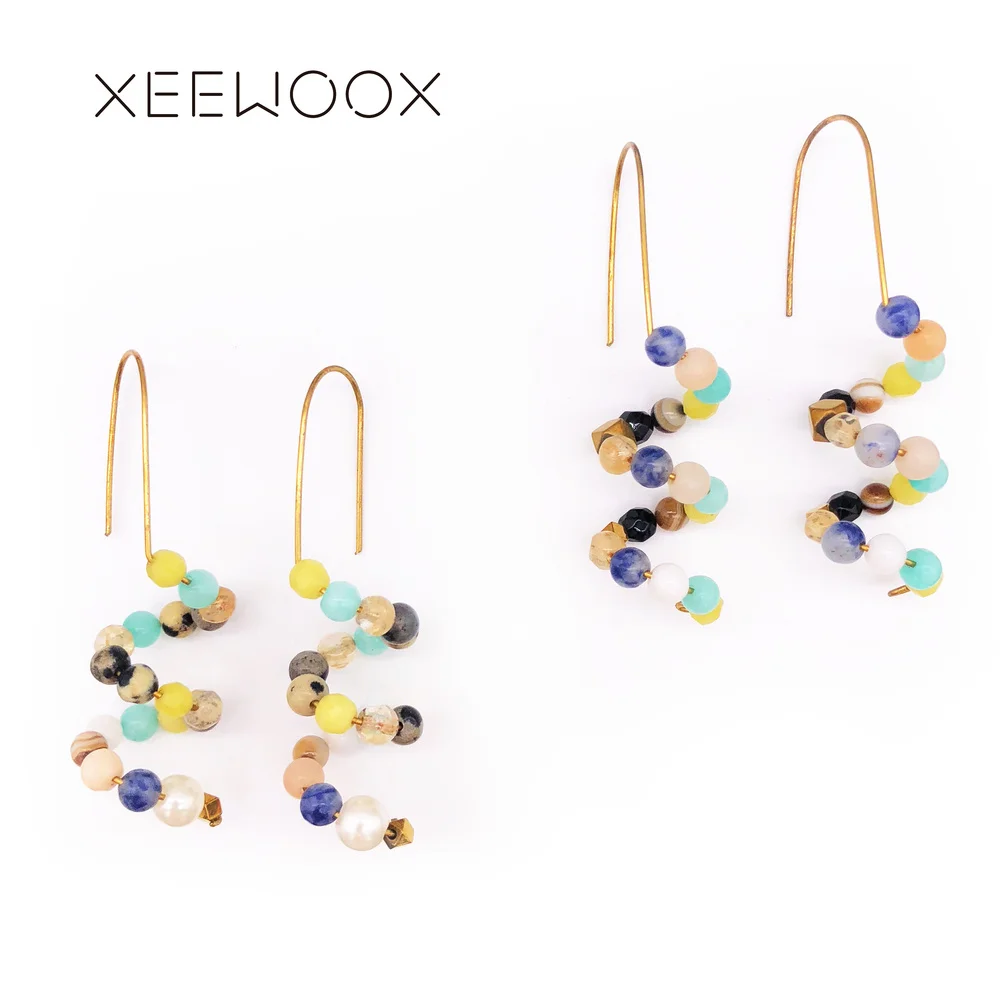 

Colorful Natural Stone Semi-precious Stone Twines Green Brown Beads Drop Earring Statement Woman Circle Drop Earring Gift