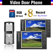 8 inch LCD Screen Video Recording Video Door phone Intercom Doorbell Kit Video doorphone Interphone + 8G Card record video