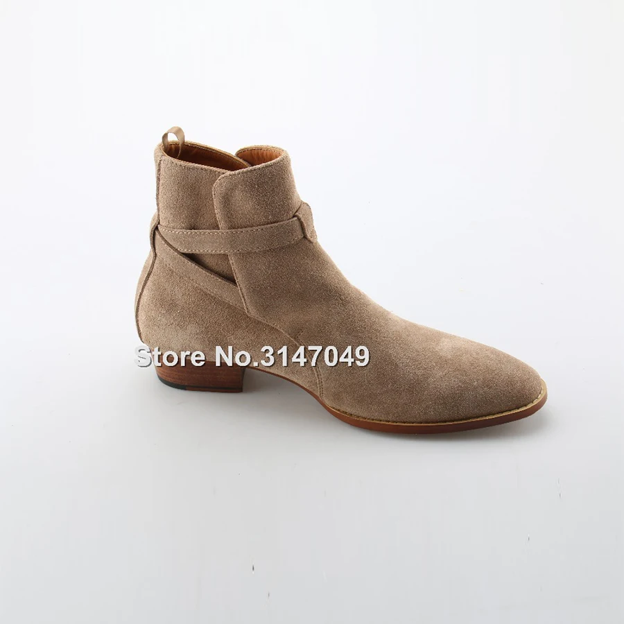 Men chelsea boots vintage leather suede harness ankle buckle strap