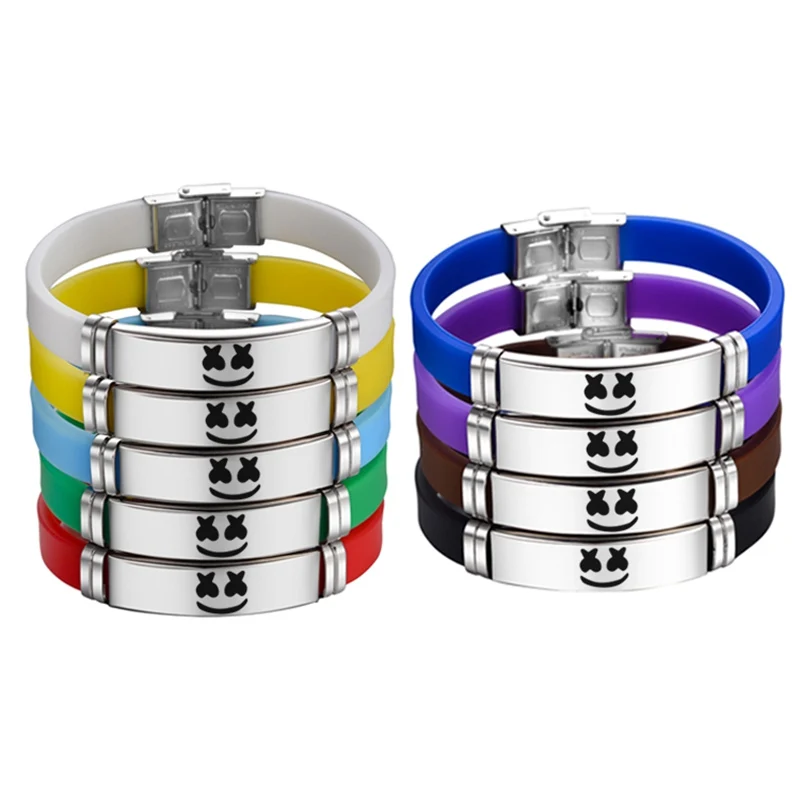 

Marshmallow Silicone Wristband Stainless Steel Logo Engraved Bracelets Hot American DJ Fan Souvenir Bangles Punk Style 10pcs/Lot