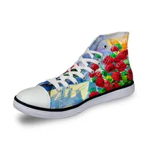 Бесшумные дизайнерские высокие парусиновые женские кроссовки; винтажные вулканизированные туфли на плоской подошве; женские красные цветы; 3d принт; Уличная обувь для девочек