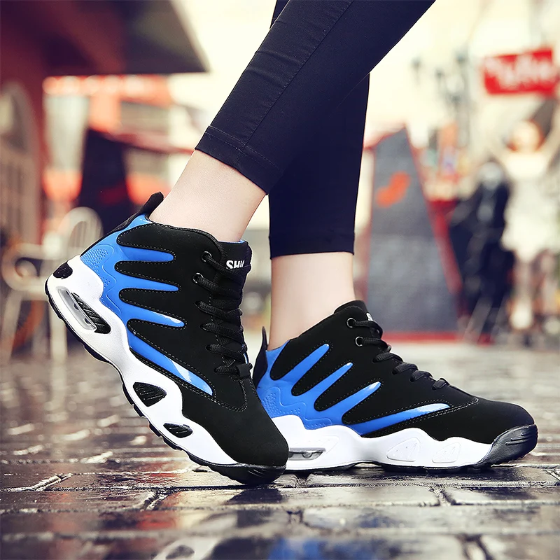 Пары Высокие кроссовки белые синие мужские кроссовки для бега осень зима беговые кроссовки Удобная прогулочная обувь для женщин