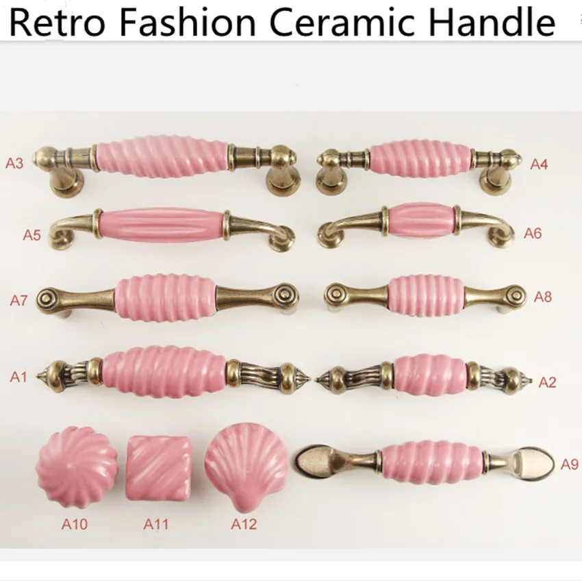 96mm 128mm retro style bronze kitchen cabinet cupboard door handle pink ceramic dresser drawer knob shell shoe cabinet pull knob 96mm fashion vintage rural ceramic furniture handle antique brass kitchen cabinet dresser handle bronze drawer shoe cabinet knob