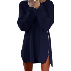 2018 свободные Повседневное мини-молния платья Для женщин Платья-свитеры с длинным рукавом осень-зима трикотажные длинные свитера Женский