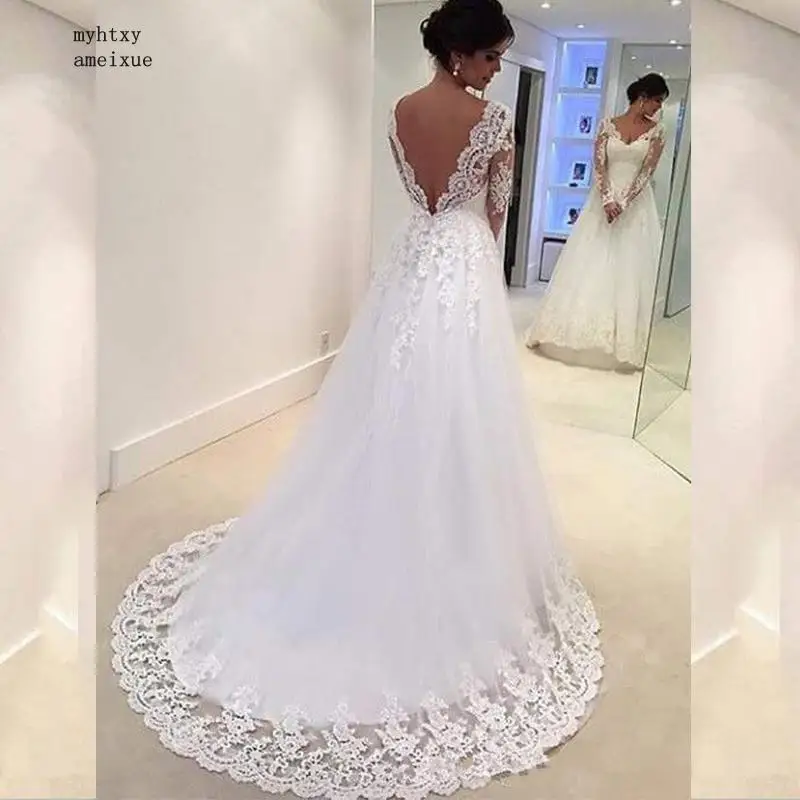 Vestido De Noiva сексуальное с v-образным вырезом и длинными рукавами ТРАПЕЦИЕВИДНОЕ дешевое свадебное платье дешевый халат De Mariage на заказ свадебные платья