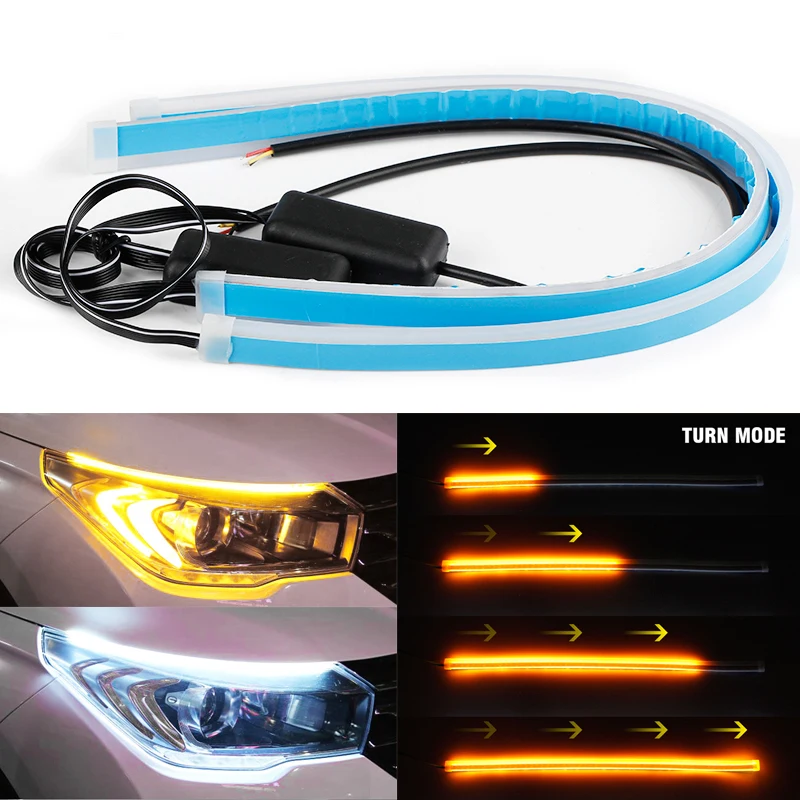 

Pair 60cm Amber Flexible LED DRL Strip Car Headlight Daytime Running Light Driving White Turn Signal Yellow Lamp