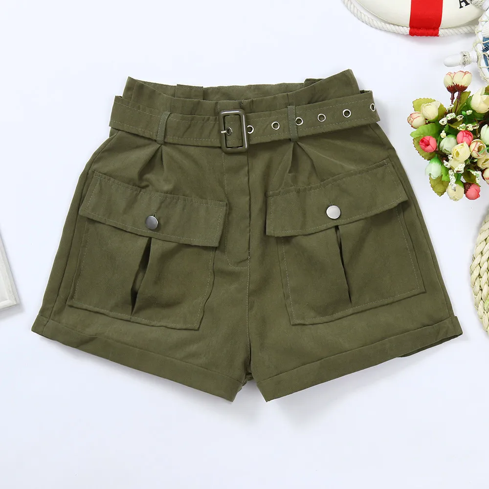 Women Girls Summer Pockets Wide-leg Green Shorts Dungarees Overalls With Belt W0314 Women Girls Summer Pockets Wide-leg Green Shorts Dungarees Overalls With Belt W0314