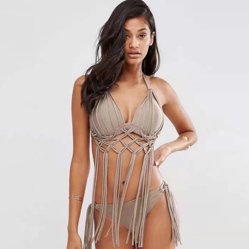 Bikinis Female 2019 Women Swimwear Bikini Tassel Swimsuit Grey Micro Bikini Sexy Bralette Push Up Padded Bra Beachwear (2)