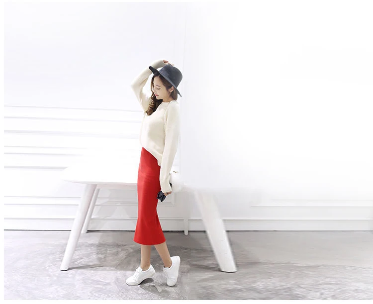 Women Elegant Solid Slim Split Skirt Red 1