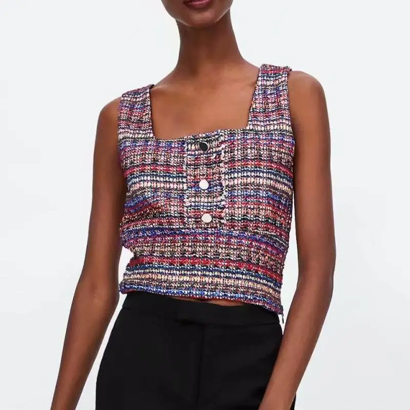 

Women's Wear New Metal Line Textured Square Neckle Vest for Spring 2019 Print Tank Tops Woman Clothes