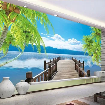 

Custom Photo Wallpaper Modern Seaside Landscape Wood Bridge Mural Wall Paper Living Room Bedroom Backdrop Wall Home Decor Fresco