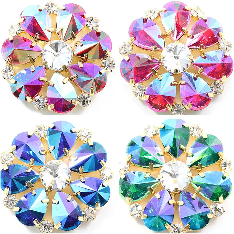 

1PCS 3.7cm Crystal AB Glass Rhinestones Applique With Gold Base Flower Applique Sew On Rhinestone For Wedding Dress B3726