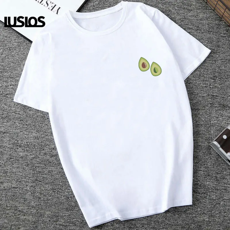 

LUSLOS Plus Size Women T Shirt Kawaii Avocado Print Summer Short Sleeve Tshirt Femme White Casual Vegan Tee Top Harajuku T-shirt