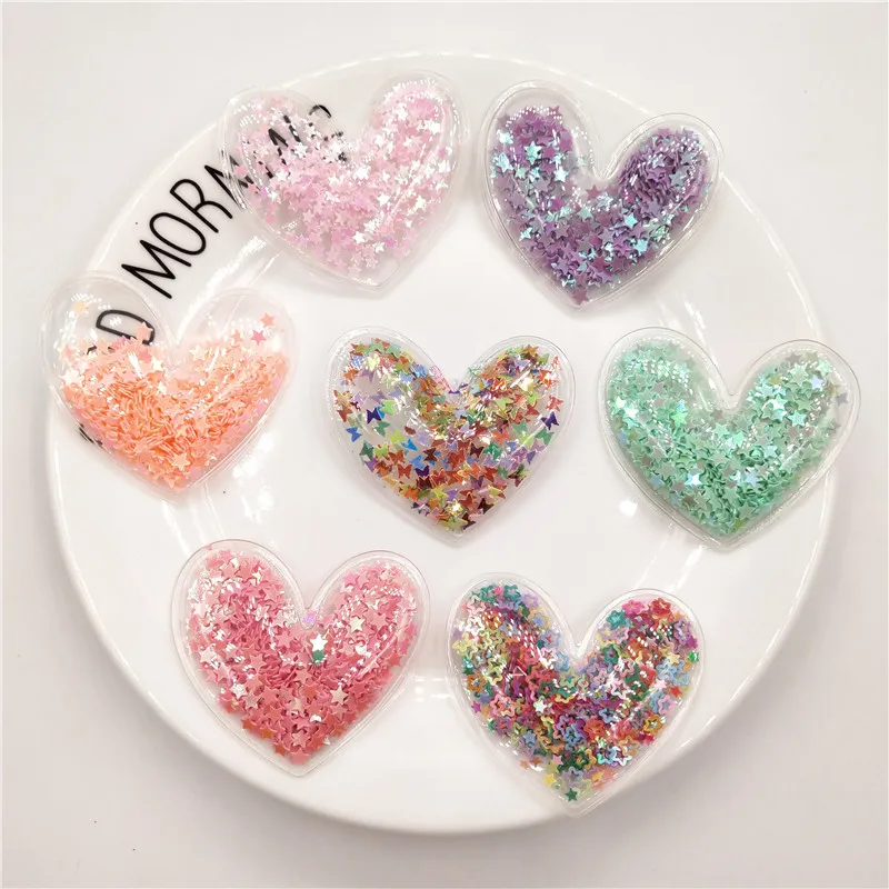

5X4.6CM 4pcs/lot Mix color Pu Heart with shiny star flowing in side Padded Patches Appliques For DIY Hair Bow Decoration