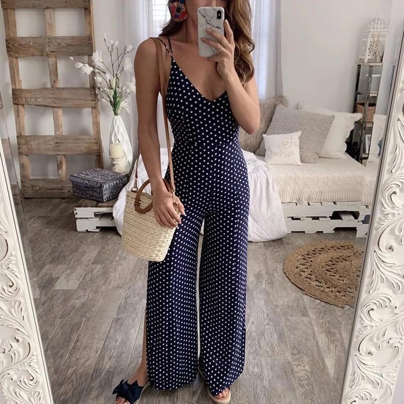 

2019 polka dot plus size jumpsuit deep v neck overalls for womens Rompers summer long pants elegant split jumpsuit