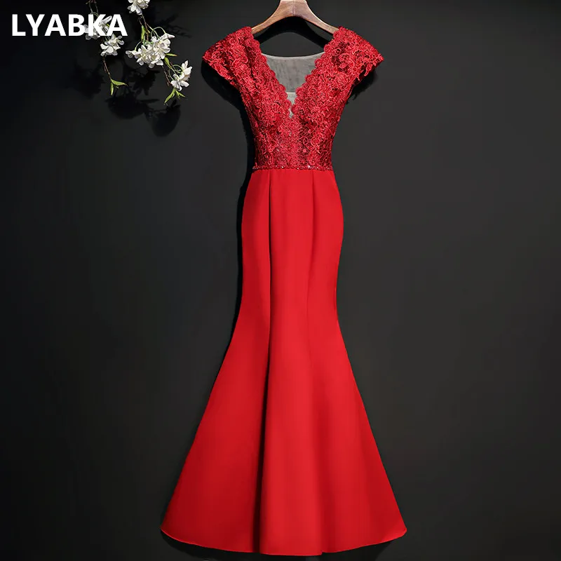 

Evening Dress Robe De Soiree Scoop Red Satin With Appliques Mermaid Evening Dresses Long Real Photo 2019 Design Vestido De Festa