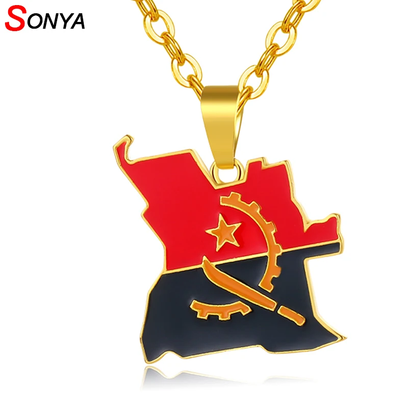 

SONYA Angola Map And Flag Necklace For Women/Men Gold Color African Pendant Jewelry Angolan Country Maps Bijoux Femme