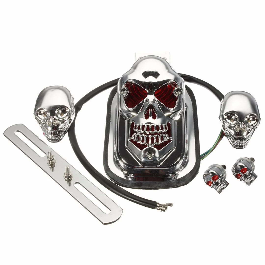 New Chrome Motorcycle Quad ATV Skull Turn Signal Rear Brake Tail Light For Harley