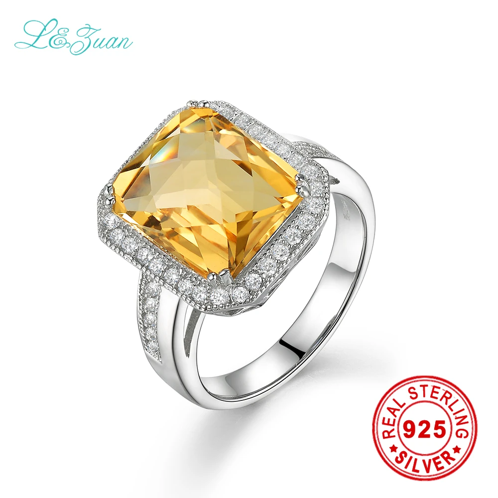 

L&zuan Sterling Silver Jewelry Ring Natural Citrine Yellow Luxury Models Square Cluster Prong Setting Rings For Women