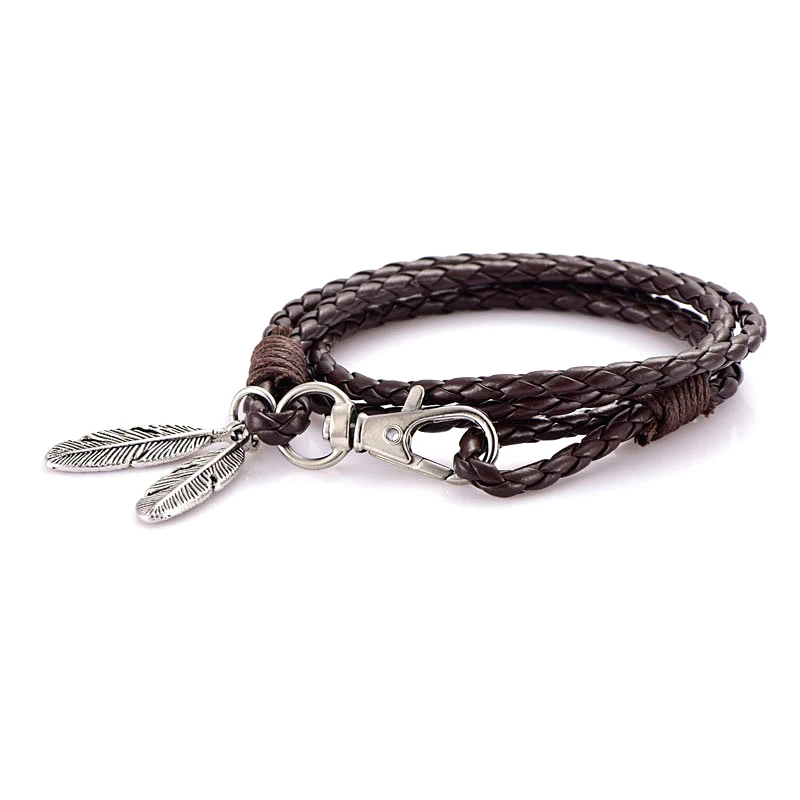 NIUYITID Black PU Leather Men Bracelet Silver Feather Accessories Fashion Jewelry Man Bracelet For Wristband Male Charm (2)