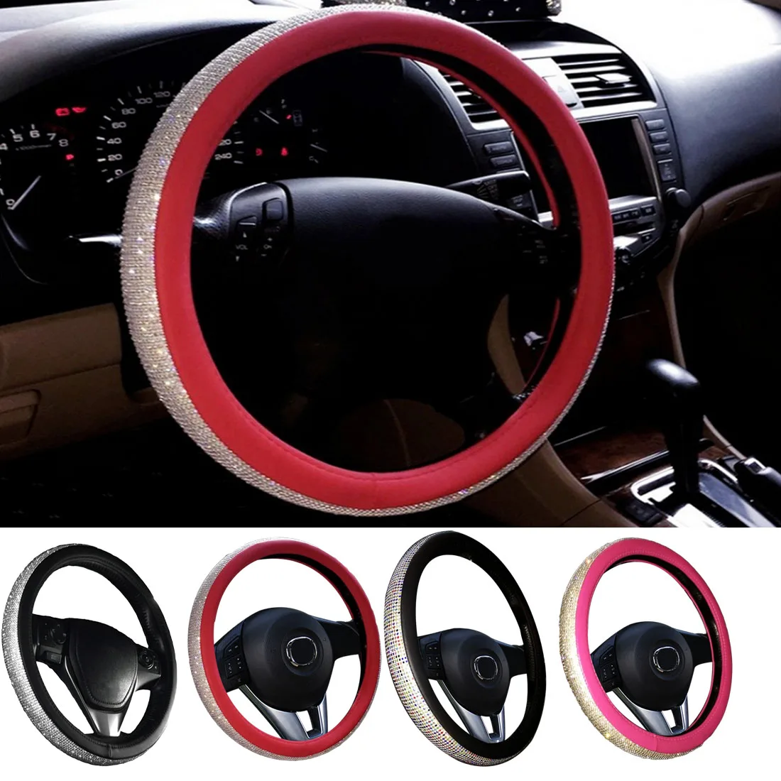 

Hot Sale Crystal Rhinestone Car Leather Steering Wheel Covers Cap Steering-Wheel Cover Auto Car For Women Girls
