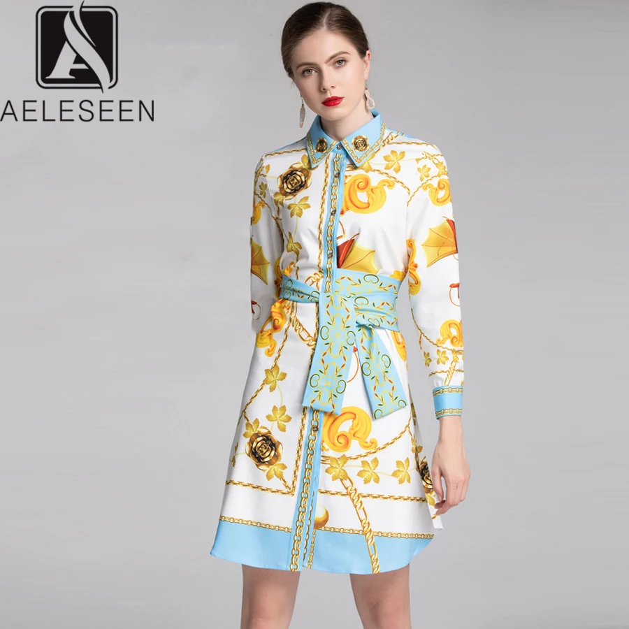 

AELESEEN High Quality Luxury Fashion Dress 2019 Spring Summer Long Sleeve Gold Print Vintage Bow Shirt Dress Party Vestidos