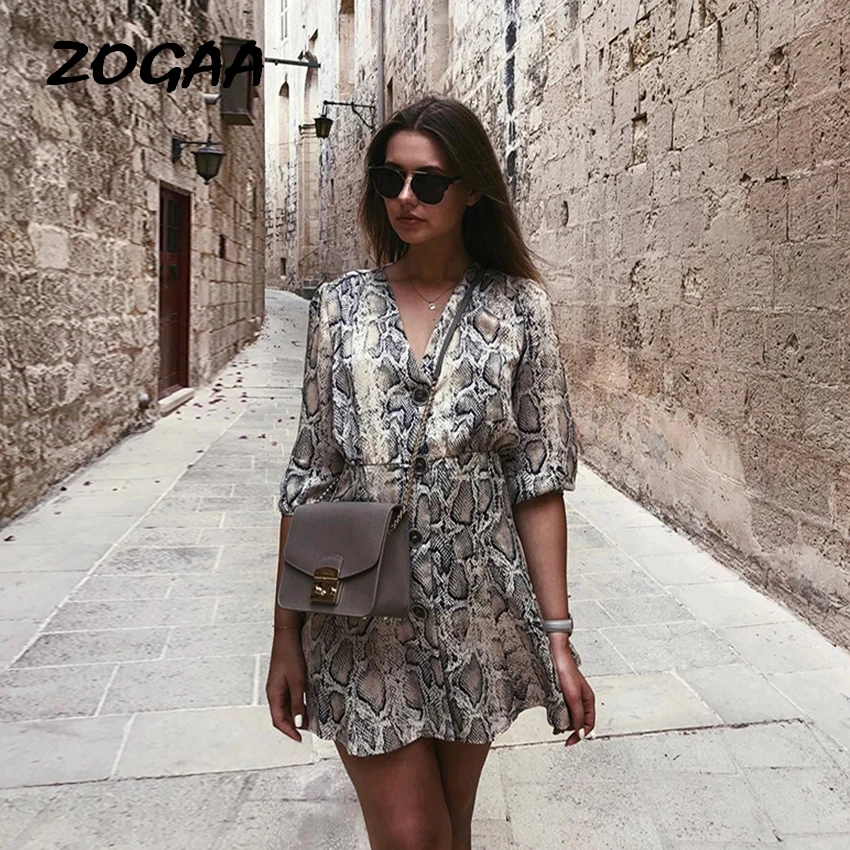 

Women Dress Stylish Snake Print Mini Dress V Neck Half Sleeve A-Line Pleated Female Casual Loose Cute Dresses Vestidos ZOGAA