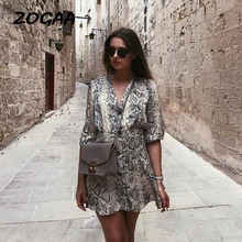 Women Dress Stylish Snake Print Mini Dress V Neck Half Sleeve A-Line Pleated Female Casual Loose Cute Dresses Vestidos ZOGAA stylish cami flower print a line women s dress