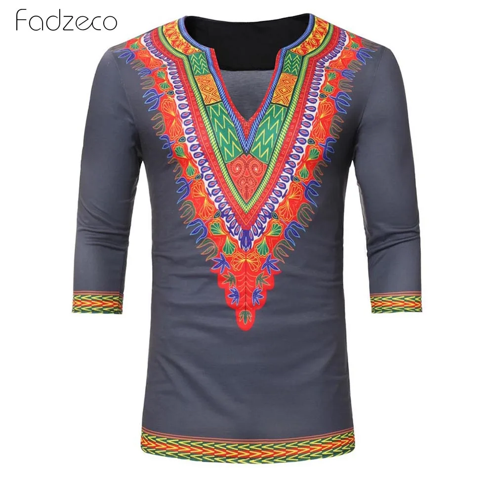 Fadzeco 2019 рубашка в африканском стиле для мужчин с этническим принтом v-образный вырез Мужская футболка 3/4 рукав Топ Дашики модная