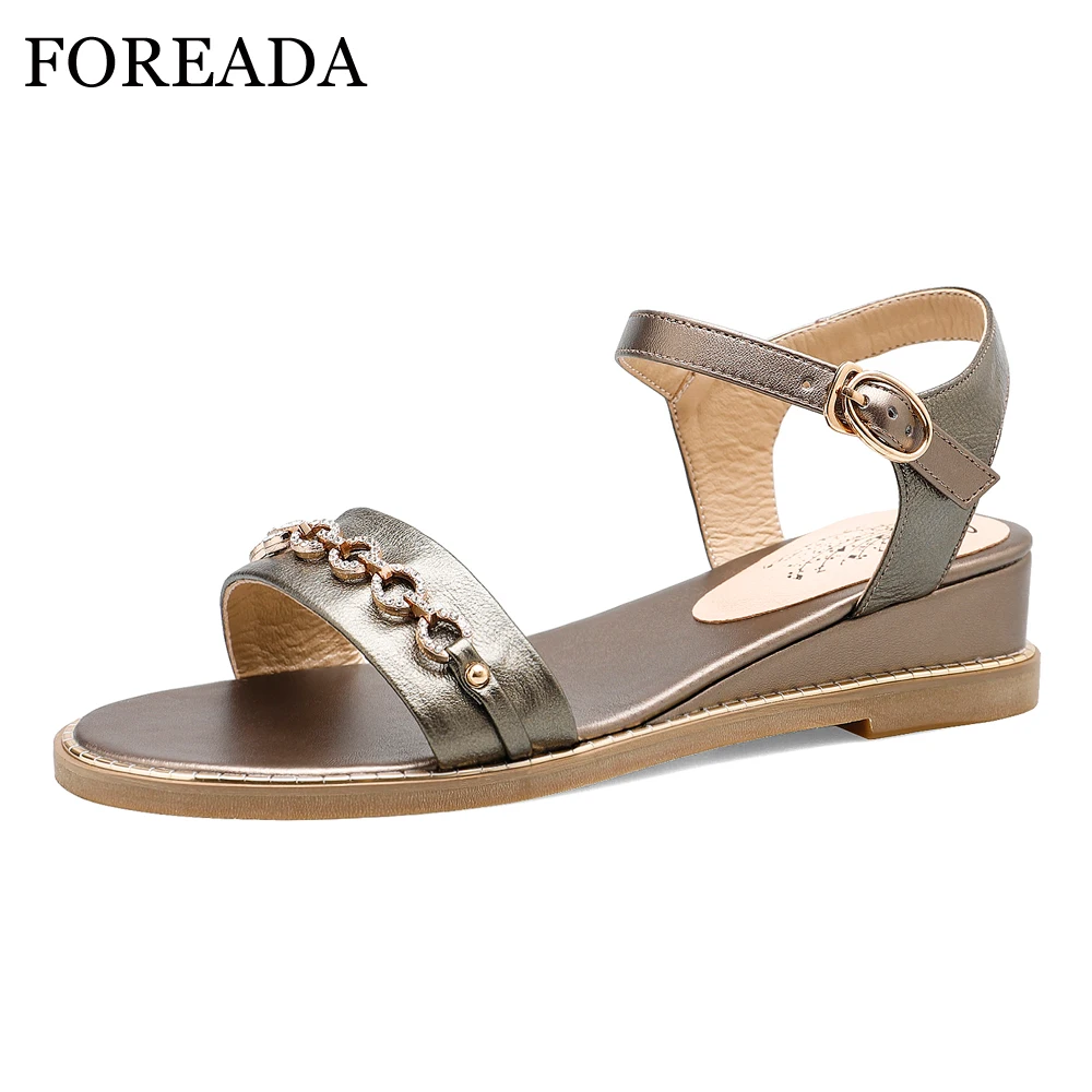 

FOREADA Women Sandals Summer Shoes Natural Buckle Cow Leather Wedge Heel Shoes Crystal Genuine Leather Lady Sandals Plus Size 43
