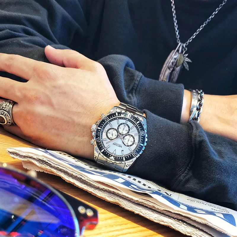 MEGIR Luxury Brand Business Quartz Men Wristwatch Full Steel Chronograph Waterproof Military Watch