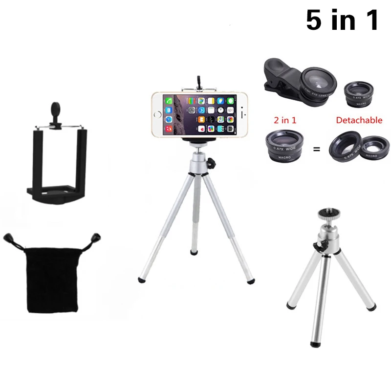 5in1 Kit Phone Camera Lenses 3in1 Fish Eye Wide Angle Macro Lens Universal Mini Tripod For Sumsung S3 S4 S5 S6 S7 Edge S8 S9 | Мобильные