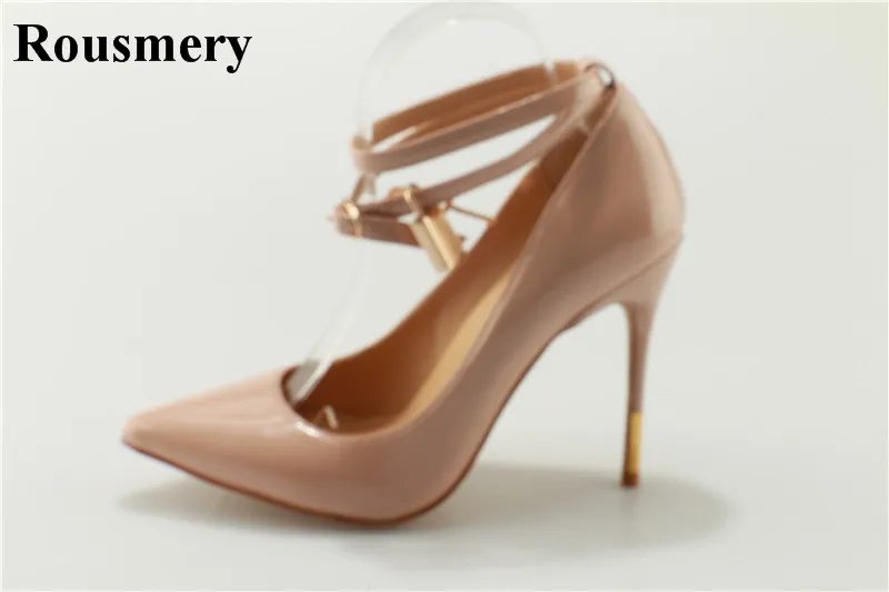 Women Sexy Design Pointed Toe Nude Patent Leather Lock Pumps Ankle Two Straps Stiletto Heel Thin High Heels Formal Dress Shoes Women Sexy Design Pointed Toe Nude Patent Leather Lock Pumps Ankle Two Straps Stiletto Heel Thin High Heels Formal Dress Shoes