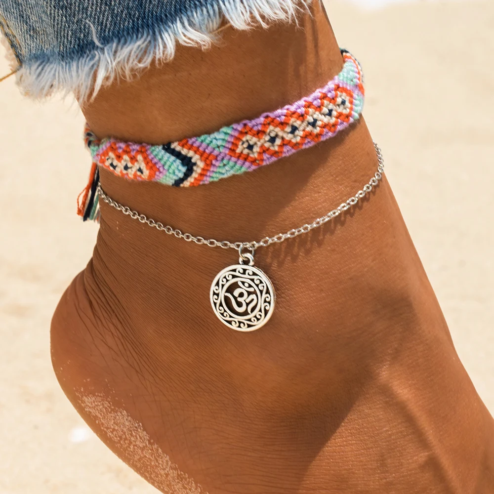 Vintage OM Rune Weave Anklets For Women Bohemian Wave Pendant Handmade Cotton Anklet Bracelets Female Beach Foot Jewelry Vintage OM Rune Weave Anklets For Women Bohemian Wave Pendant Handmade Cotton Anklet Bracelets Female Beach Foot Jewelry