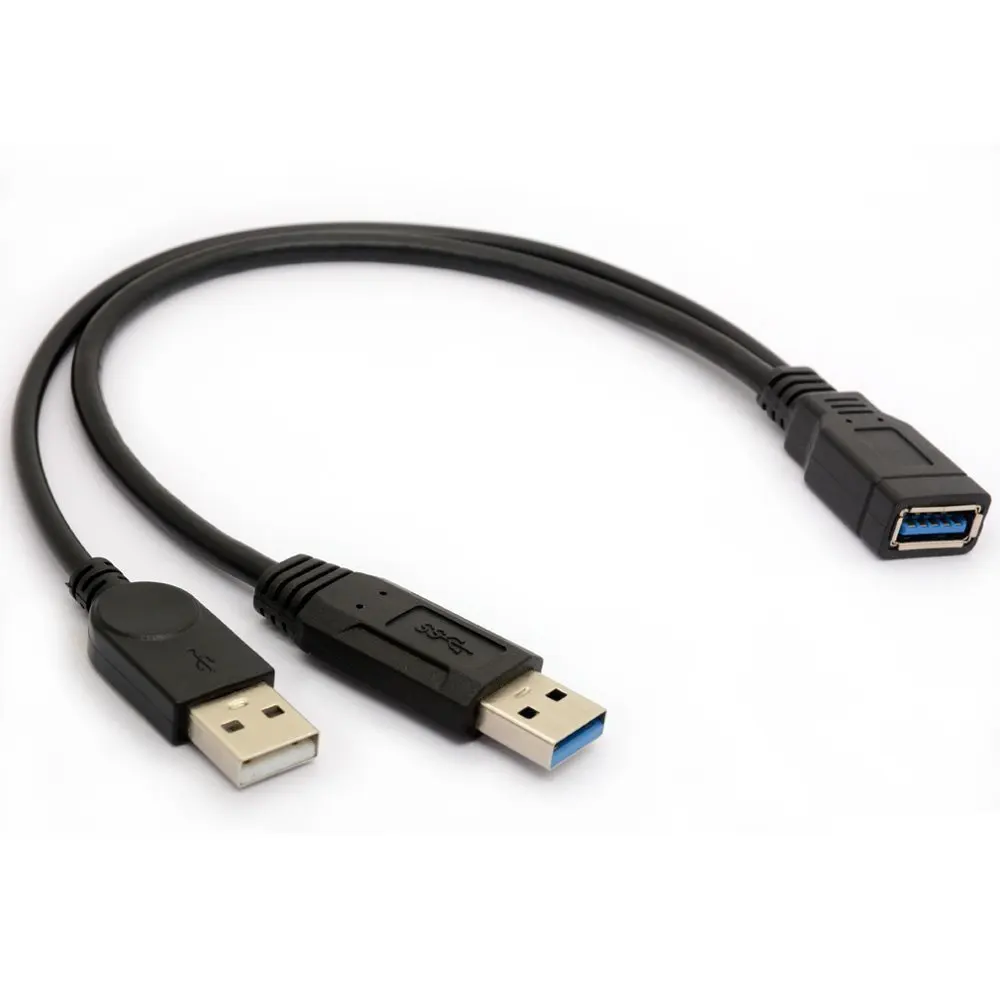 Black USB 3.0 Female to Dual USB Male Extra Power Data Y Extension Cable for 2.5" Mobile Hard