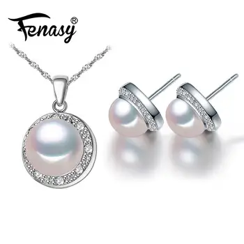 

FENASY Trendy 925 Sterling Silver Pearl Jewelry Engagement Jewelry Sets Natural Pearl Round Pendant Necklace Women Earrings