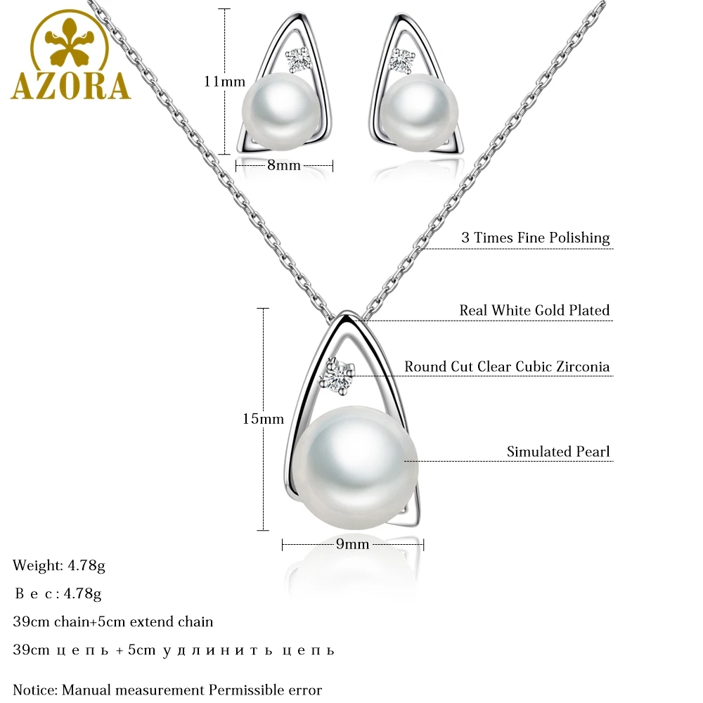 AZORA имитация жемчуга треугольник ожерелье серьги Ювелирные наборы прозрачный кубический цирконий для женщин банкет вечерние аксессуары TG0254