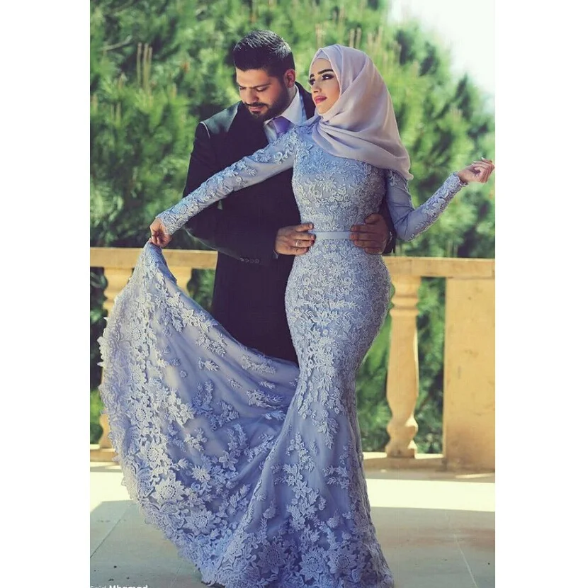 Elegant Long Sleeve Muslim Evening Dress Mermaid Prom Dresses High Neck Women Special Occasion Dress Islamic