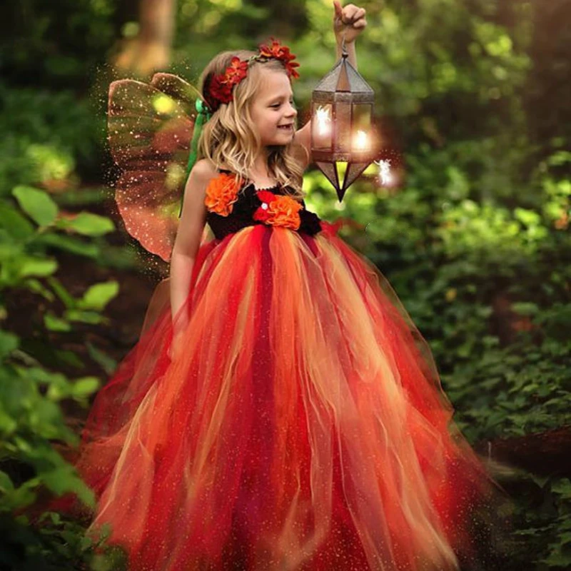 Comprar Lindo vestido de hada naranja tutú para niños Halloween vestido de tul vestido de baile con alas de mariposa para niños disfraz de Cosplay vestido de fiesta