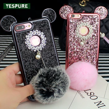 

YESPURE Fancy Women Phone Cover for Iphone 7 Bling Gliter Mouse Ear Fur Ball TPU Cover Cases Pink Diamond Cell Phone Accessories