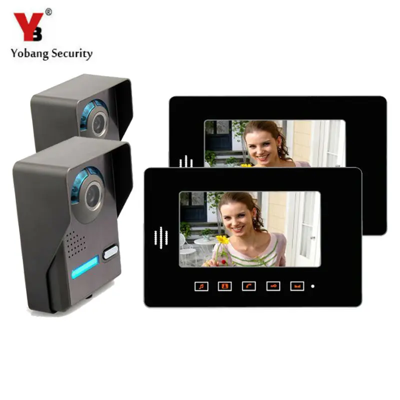 Yobang Security 7 inch Video DoorPhone Intercom System 2 Outdoor Units+2 Indoor Units Touch Keypad Visual Doorbell Door Camera