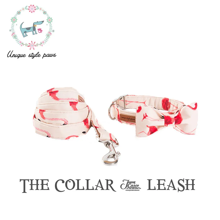 

Handmade Well Flamingo Print Dog Collar Dog&Cat Collar with Bowtie and Dog Leash