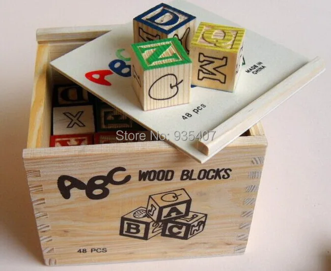 48 Wooden Blocks with Storage Box ABC's 123's Numbers Letters Alphabet Animals 