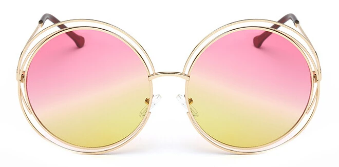Винтажные Солнцезащитные очки больших размеров, женские роскошные Брендовые очки с большой металлической оправой, женские круглые солнцезащитные очки, стильные ретро очки - Цвет линз: yellow pink