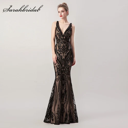 Robe De Soiree, Русалка, вечерние платья, съемный v-образный вырез, аппликация, сексуальный пояс, кристалл, тюль, вечерние платья, реальные фотографии, WT5265 - Цвет: Black