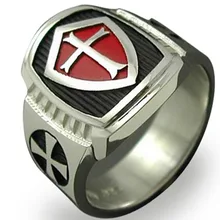 Tamaño 7-15 de Acero Inoxidable de Titanio Signet Anillo Cruzada Cruz Medieval Escudo Armadura Caballero Templario Rojo Retro de La Vendimia