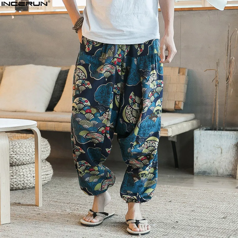 Ethnic Retro Men's Cross-Pants Wide Leg Linen Harem Pants Men Elastic Waist Loose Print HipHop Pants Man Joggers Crotch Trousers Ethnic Retro Men's Cross-Pants Wide Leg Linen Harem Pants Men Elastic Waist Loose Print HipHop Pants Man Joggers Crotch Trousers
