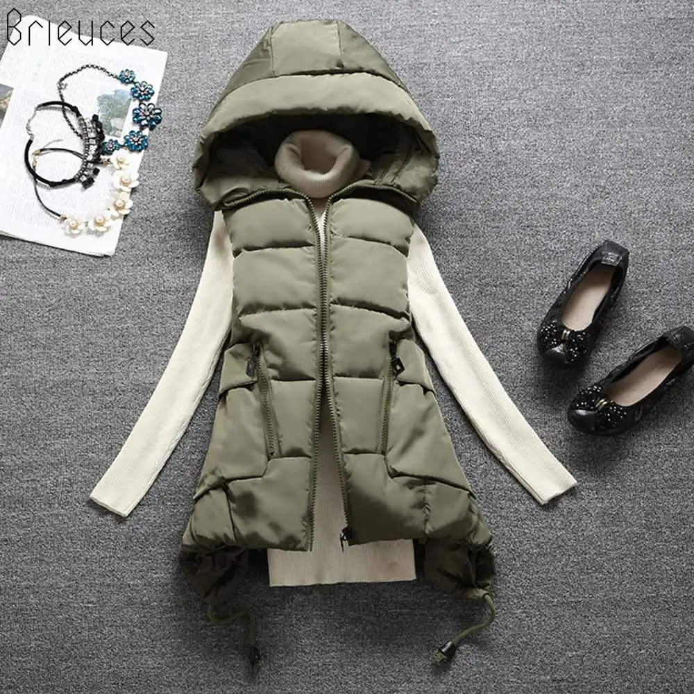 Brieuces 2018 New Winter Vest women Casual Autumn Winter Sleeveless Waistcoat Hooded Long Warm Cotton Padded Top Vest Jacket