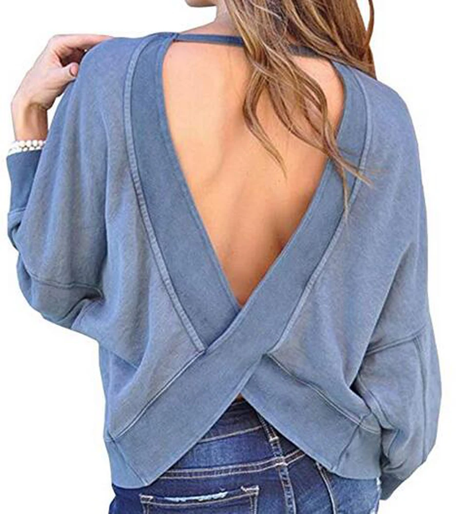 

Open Back Blouse Shirt Top Womens Tops and Blouses Woman Backless Sweatshirt Jacket with Long Sleeve Casual Sexy Top AM0081